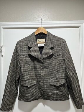 Pioneer Wear Women's Western Houndstooth Blazer Jacket Sz 14 Gray Wool Blend VTG